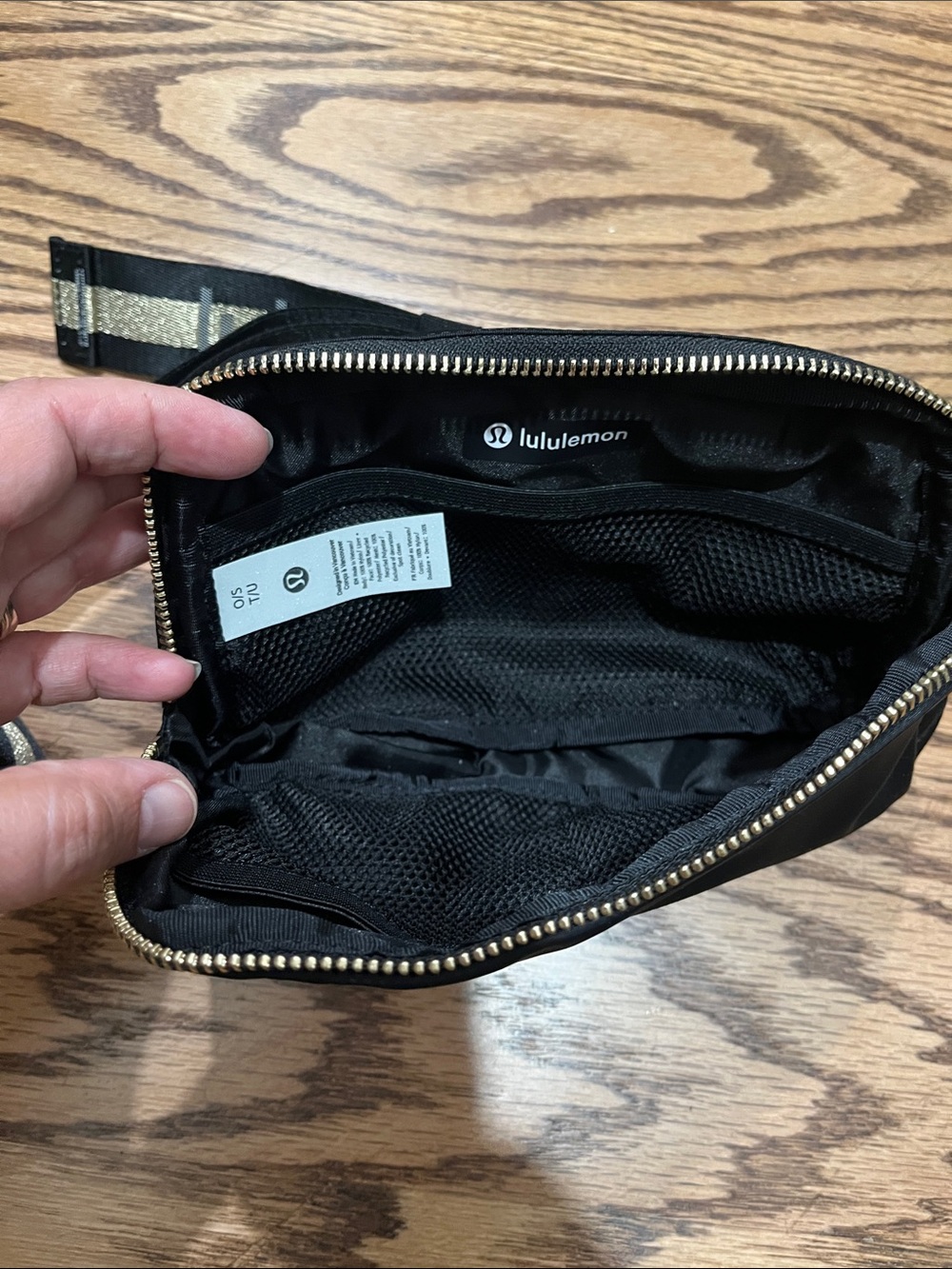 lululemon athletica Black Crossbody Belt Bag with gold striped Strap Detail - Picture 2 of 4